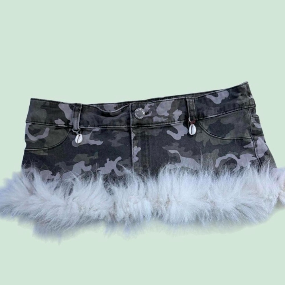 Upcycled Calvin Klein Camo Mini Skirt with White Fur Trim